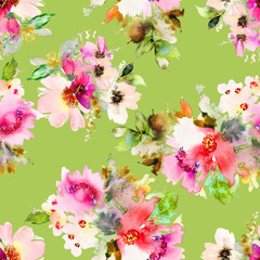 Seamless summer pattern with watercolor flowers handmade.