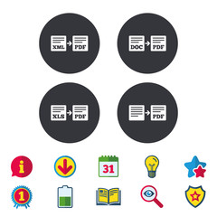 Export file icons. Convert DOC to PDF, XML to PDF symbols. XLS to PDF with arrow sign. Calendar, Information and Download signs. Stars, Award and Book icons. Light bulb, Shield and Search. Vector