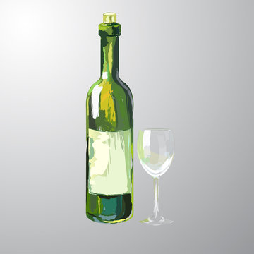 Illustration of bottle and glass of white wine