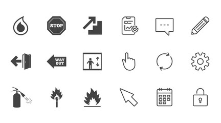 Fire safety, emergency icons. Fire extinguisher, exit and stop signs. Elevator, water drop and match symbols. Chat, Report and Calendar line signs. Service, Pencil and Locker icons. Vector