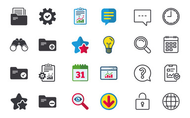 Fototapeta premium Accounting binders icons. Add or remove document folder symbol. Bookkeeping management with checkbox. Chat, Report and Calendar signs. Stars, Statistics and Download icons. Question, Clock and Globe
