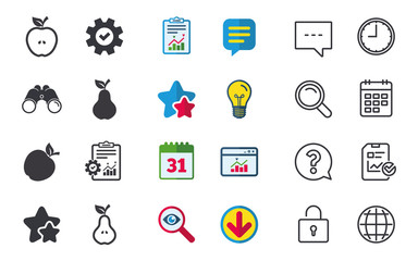 Fototapeta premium Fruits with leaf icons. Apple and Pear with seeds signs. Natural food symbol. Chat, Report and Calendar signs. Stars, Statistics and Download icons. Question, Clock and Globe. Vector