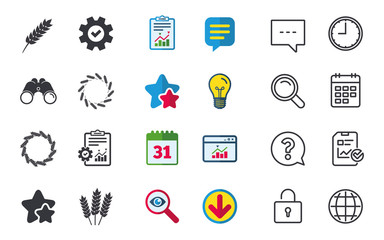 Agricultural icons. Gluten free or No gluten signs. Wreath of Wheat corn symbol. Chat, Report and Calendar signs. Stars, Statistics and Download icons. Question, Clock and Globe. Vector