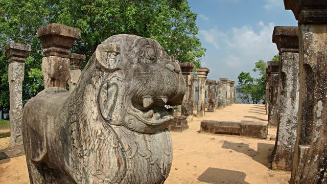 Stone Statue of a Mythical Creature in Ruins at Polonnaruwa