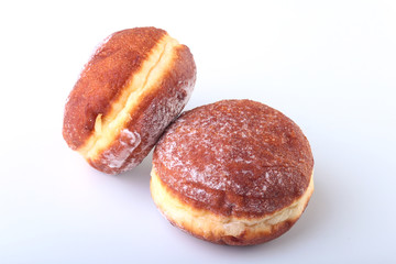 Homemade Doughnuts with Jelly filled and powdered sugar isolated on white background. Selective focus.