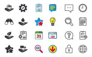 Helping hands icons. Agricultural tractor insurance symbol. Delivery truck sign. Save nature leaf and water drop. Chat, Report and Calendar signs. Stars, Statistics and Download icons. Vector