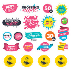 Sale shopping banners. Handshake icons. World, Smile happy face and house building symbol. Dollar cash money bag. Amicable agreement. Web badges, splash and stickers. Best offer. Vector
