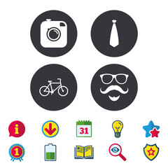 Hipster photo camera. Mustache with beard icon. Glasses and tie symbols. Bicycle sign. Calendar, Information and Download signs. Stars, Award and Book icons. Light bulb, Shield and Search. Vector