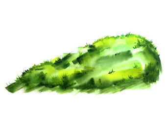 Green grass, lawn, field with watercolor. On white isolated background. Beautiful vintage pattern for your design. Green scenic slope, watercolor landscape, silhouette.