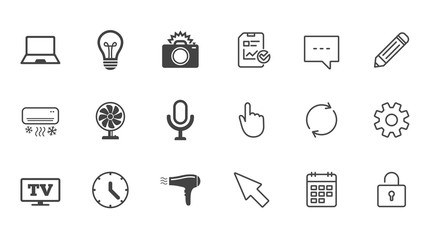 Home appliances, device icons. Air conditioning sign. Photo camera, computer and ventilator symbols. Chat, Report and Calendar line signs. Service, Pencil and Locker icons. Click, Rotation and Cursor