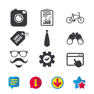 Hipster photo camera. Mustache with beard icon. Glasses and tie symbols. Bicycle sign. Browser window, Report and Service signs. Binoculars, Information and Download icons. Stars and Chat. Vector