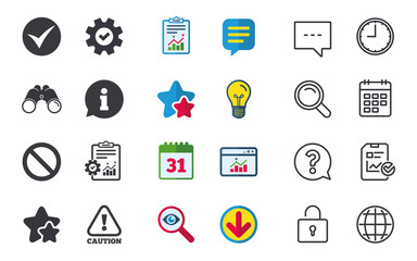 Information icons. Stop prohibition and attention caution signs. Approved check mark symbol. Chat, Report and Calendar signs. Stars, Statistics and Download icons. Question, Clock and Globe. Vector