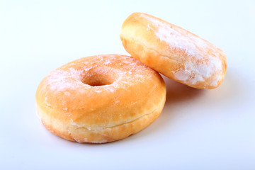 Homemade Doughnuts with Jelly filled and powdered sugar isolated on white background. Selective focus.