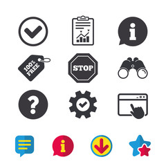 Information icons. Stop prohibition and question FAQ mark signs. Approved check mark symbol. Browser window, Report and Service signs. Binoculars, Information and Download icons. Stars and Chat