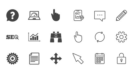 Internet, seo icons. Analysis chart, page and computer signs. Question speech bubble symbol. Chat, Report and Calendar line signs. Service, Pencil and Locker icons. Click, Rotation and Cursor. Vector