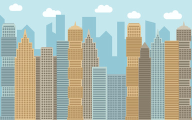 Vector urban landscape illustration. Street view with cityscape, skyscrapers and modern buildings at sunny day. City space in flat style background concept.
