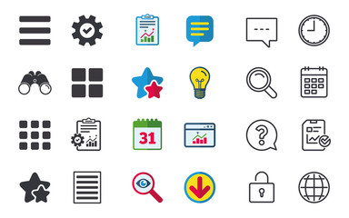 Fototapeta premium List menu icons. Content view options symbols. Thumbnails grid or Gallery view. Chat, Report and Calendar signs. Stars, Statistics and Download icons. Question, Clock and Globe. Vector