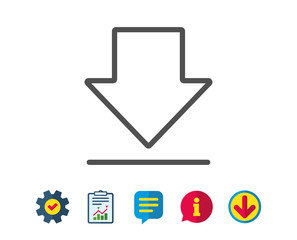 Download line icon. Internet Downloading sign. Load file symbol. Report, Service and Information line signs. Download, Speech bubble icons. Editable stroke. Vector