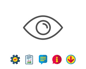 Eye line icon. Look or Optical Vision sign. View or Watch symbol. Report, Service and Information line signs. Download, Speech bubble icons. Editable stroke. Vector