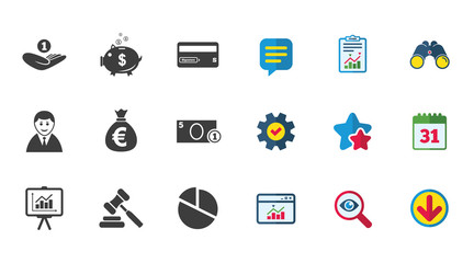 Money, cash and finance icons. Piggy bank, credit card and auction signs. Presentation, pie chart and businessman symbols. Calendar, Report and Download signs. Stars, Service and Search icons. Vector