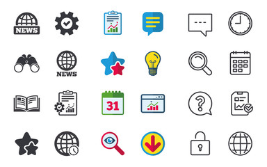 News icons. World globe symbols. Open book sign. Education literature. Chat, Report and Calendar signs. Stars, Statistics and Download icons. Question, Clock and Globe. Vector