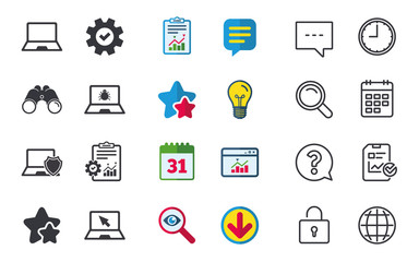 Notebook laptop pc icons. Virus or software bug signs. Shield protection symbol. Mouse cursor pointer. Chat, Report and Calendar signs. Stars, Statistics and Download icons. Question, Clock and Globe