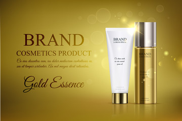 A beautiful cosmetic ads template, gold bottle hair oil with white cosmetic tube design on a gold shiny background. 
