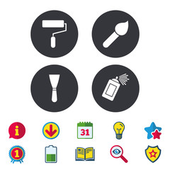 Paint roller, brush icons. Spray can and Spatula signs. Wall repair tool and painting symbol. Calendar, Information and Download signs. Stars, Award and Book icons. Light bulb, Shield and Search