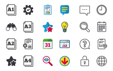 Paper size standard icons. Document symbols. A1, A2, A3 and A4 page signs. Chat, Report and Calendar signs. Stars, Statistics and Download icons. Question, Clock and Globe. Vector
