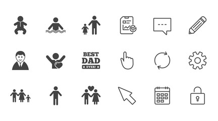 People, family icons. Swimming pool, love and children signs. Best dad, father and mother symbols. Chat, Report and Calendar line signs. Service, Pencil and Locker icons. Click, Rotation and Cursor