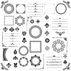 Vintage set of vector horizontal, square and round elements. Different elements for decoration design, frames, cards, menus, backgrounds and monograms. Classic black and white patterns. Set of vintage