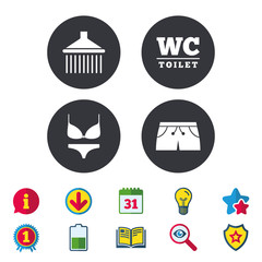 Swimming pool icons. Shower water drops and swimwear symbols. WC Toilet sign. Trunks and women underwear. Calendar, Information and Download signs. Stars, Award and Book icons. Vector