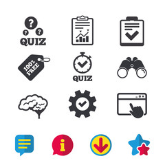 Quiz icons. Human brain think. Checklist and stopwatch timer symbol. Survey poll or questionnaire feedback form sign. Browser window, Report and Service signs. Vector