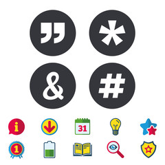 Quote, asterisk footnote icons. Hashtag social media and ampersand symbols. Programming logical operator AND sign. Calendar, Information and Download signs. Stars, Award and Book icons. Vector