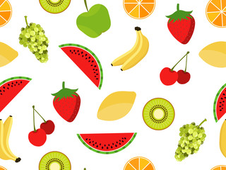 Fruits seamless pattern. Fruits and berries on a white background. Vector illustration