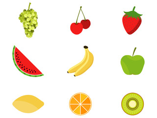 Set of fruits in a flat style. Fruits and berries, citrus. Icons on white background. Vector illustration