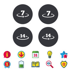 Return of goods within 7 or 14 days icons. Warranty 2 weeks exchange symbols. Calendar, Information and Download signs. Stars, Award and Book icons. Light bulb, Shield and Search. Vector