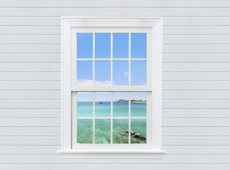 view seascape from white wooden window and  wall, pattaya city, thailand