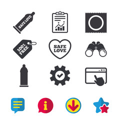 Safe sex love icons. Condom in package symbol. Fertilization or insemination. Heart sign. Browser window, Report and Service signs. Binoculars, Information and Download icons. Stars and Chat. Vector