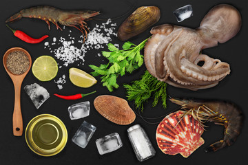 Seafood theme collage, octopus, shrimps and seashells with ingredients for cook