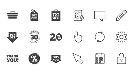 Sale discounts icon. Shopping cart, coupon and buy now signs. 20, 30 and 50 percent off. Special offer symbols. Chat, Report and Calendar line signs. Service, Pencil and Locker icons. Vector