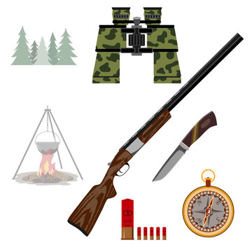 
A rifle for hunting binoculars, a knife, a compass, a bonfire and a bowler hat, cartridges. . Isolated on white background.