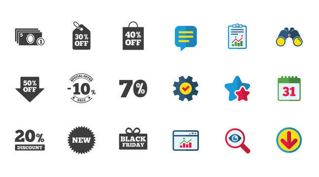 Sale discounts icon. Shopping, black friday and cash money signs. 10, 20, 50 and 70 percent off. Special offer symbols. Calendar, Report and Download signs. Stars, Service and Search icons. Vector