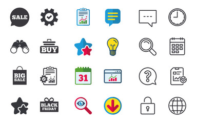 Fototapeta premium Sale speech bubble icons. Buy cart symbols. Black friday gift box signs. Big sale shopping bag. Chat, Report and Calendar signs. Stars, Statistics and Download icons. Question, Clock and Globe. Vector