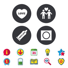 Condom safe sex icons. Lovers Gay couple signs. Male love male. Heart symbol. Calendar, Information and Download signs. Stars, Award and Book icons. Light bulb, Shield and Search. Vector