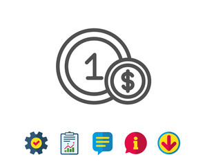 Coins line icon. Money sign. Dollar currency symbol. Cash payment method. Report, Service and Information line signs. Download, Speech bubble icons. Editable stroke. Vector