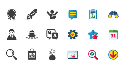 Online shopping, e-commerce and business icons. Startup, award and customers like signs. Cash money, shipment and sale symbols. Calendar, Report and Download signs. Stars, Service and Search icons