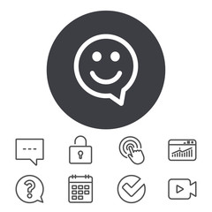 Happy face chat speech bubble symbol. Smile icon. Calendar, Locker and Speech bubble line signs. Video camera, Statistics and Question icons. Vector