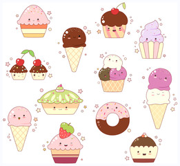 Collection of ice cream in waffle cones and cupcakes