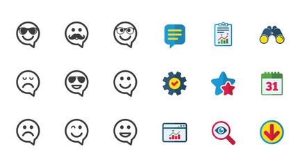 Smile speech bubbles icons. Happy, sad and wink faces signs. Sunglasses, mustache and laughing lol smiley symbols. Calendar, Report and Download signs. Stars, Service and Search icons. Vector